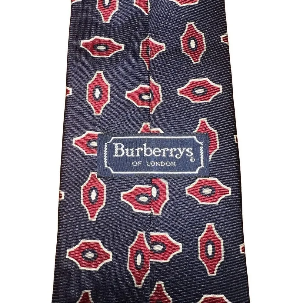 Burberry London Vintage Navy & Red Geometric Handmade 100% Silk Tie